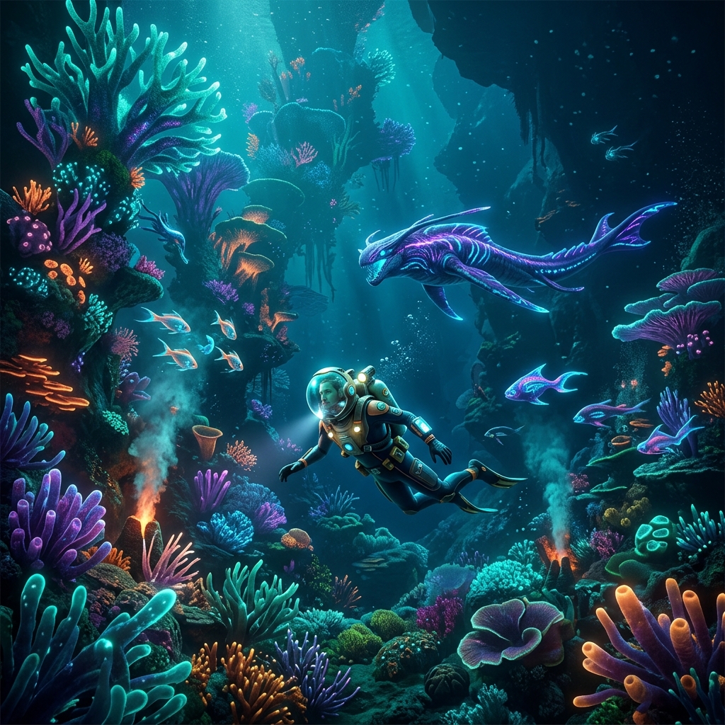 Immersive underwater exploration key art of Subnautica 2